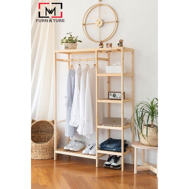 Tủ treo quần áo liền kệ 5 tầng hàn quốc màu gỗ thương hiệu MW FURNITURE - Double hanger size 97x35x143 cm