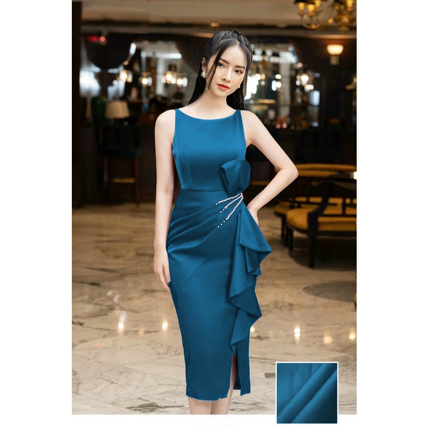 Đầm Ôm Cổ Thuyền Sát Nách Tung Cườm, Bèo Bụng, Nơ Eo