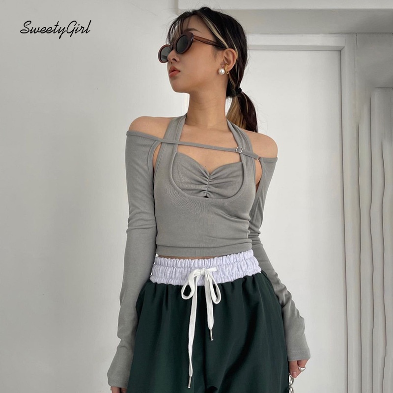 Áo Thun Tay Dài Hở Vai Màu Trơn Dáng Ôm Gợi Cảm Thời Trang 2022 Dành Cho Bạn Nữ