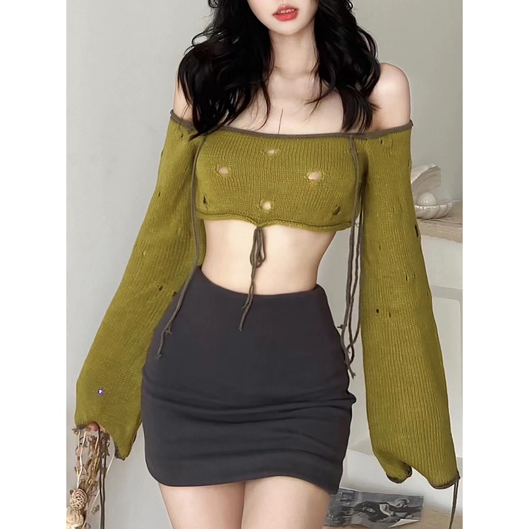 Kliou 2023 new Áo Croptop Dệt Kim Trễ Vai Tay Dài Thiết Kế Khoét Vai Quyến Rũ