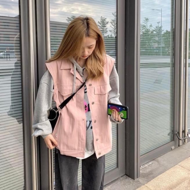 Set áo hoodie xám oversize form rộng nỉ dày dặn kèm áo khoác không tay jean denim - Order taobao quảng châu