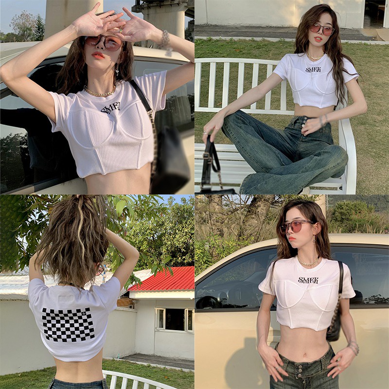 Áo Thun Croptop Tay Ngắn In Chữ Phong Cách Hàn Quốc Thời Trang Mùa Hè Quyến Rũ Cho Nữ