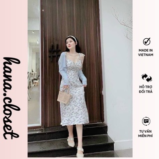 Set váy 2 dây hoa nhí vintage kèm áo khoác cardigan croptop đầm nữ dự tiệc cưới 2 dây sexy