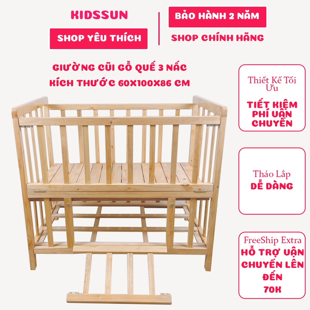 Nôi Cũi Gỗ Quế 3 Tầng Cho Bé KIDSSUN Chịu Lực Lên Đến 50 Kg Có Ô Để Đồ Cho Bé Tặng Ga Chống Thấm Bảo Hành 24 Tháng