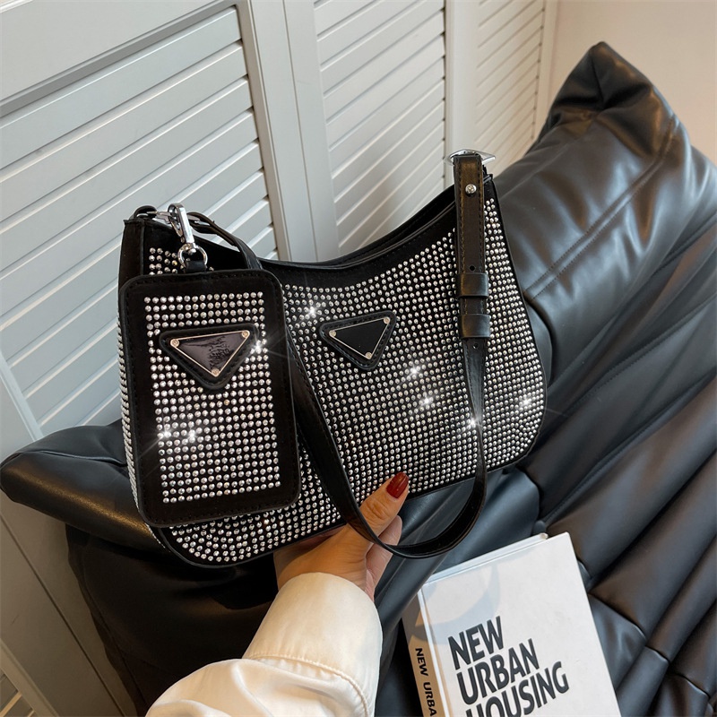 Set Túi Xách Đeo Vai + Ví Cầm Tay Đính Kim Cương Giả Đơn Giản Thời Trang 2022 Cho Nữ