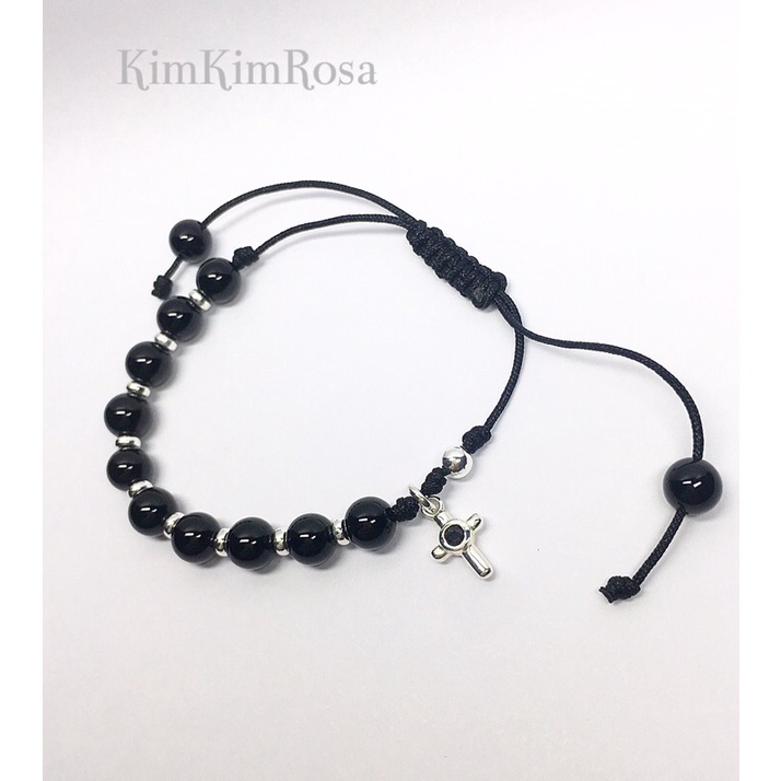 Chuỗi hạt đá đen vòng đeo tay chuỗi Mân Côi 10 hạt Thánh Giá bạc S925 Rosary bracelet sterling silver