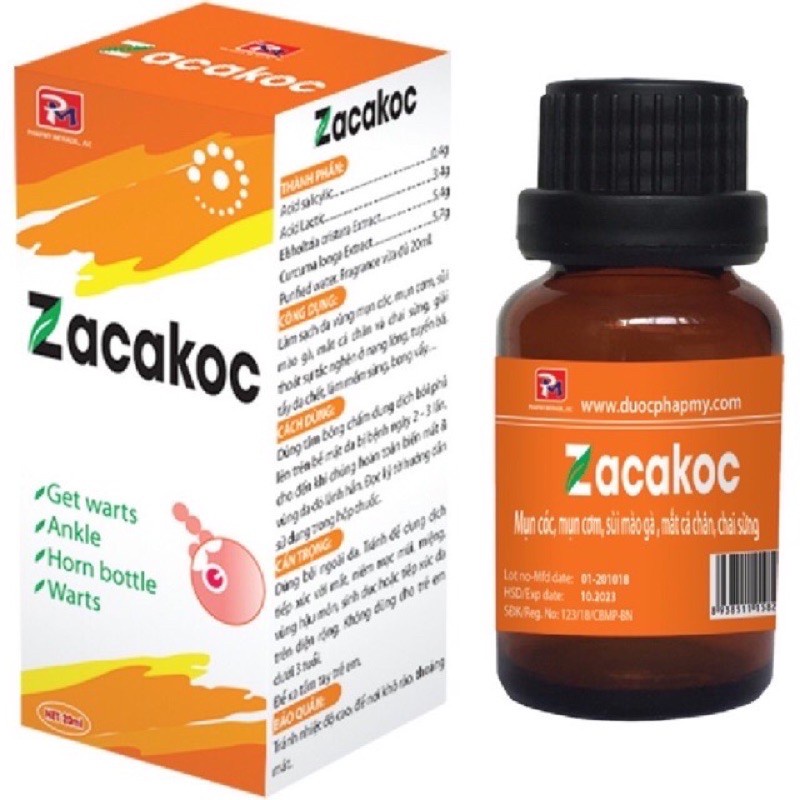 Dung Dịch Bôi Zacakoc Giúp Làm Sạch Da, Bong Vẩy Dùng Cho Mụn Cóc, Chai Sừng, Sùi Mào Gà Lọ 20ml