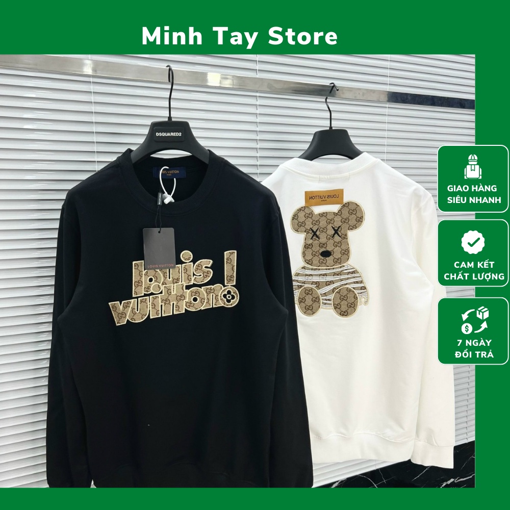 Áo Sweater Nam Lv Họa Tiết Chữ Thêu Và Hình Thêu Gấu . Áo Nỉ Nam Nữ Lv Chất Nỉ Da Cá Mềm Mịn - MINH TÂY STORE
