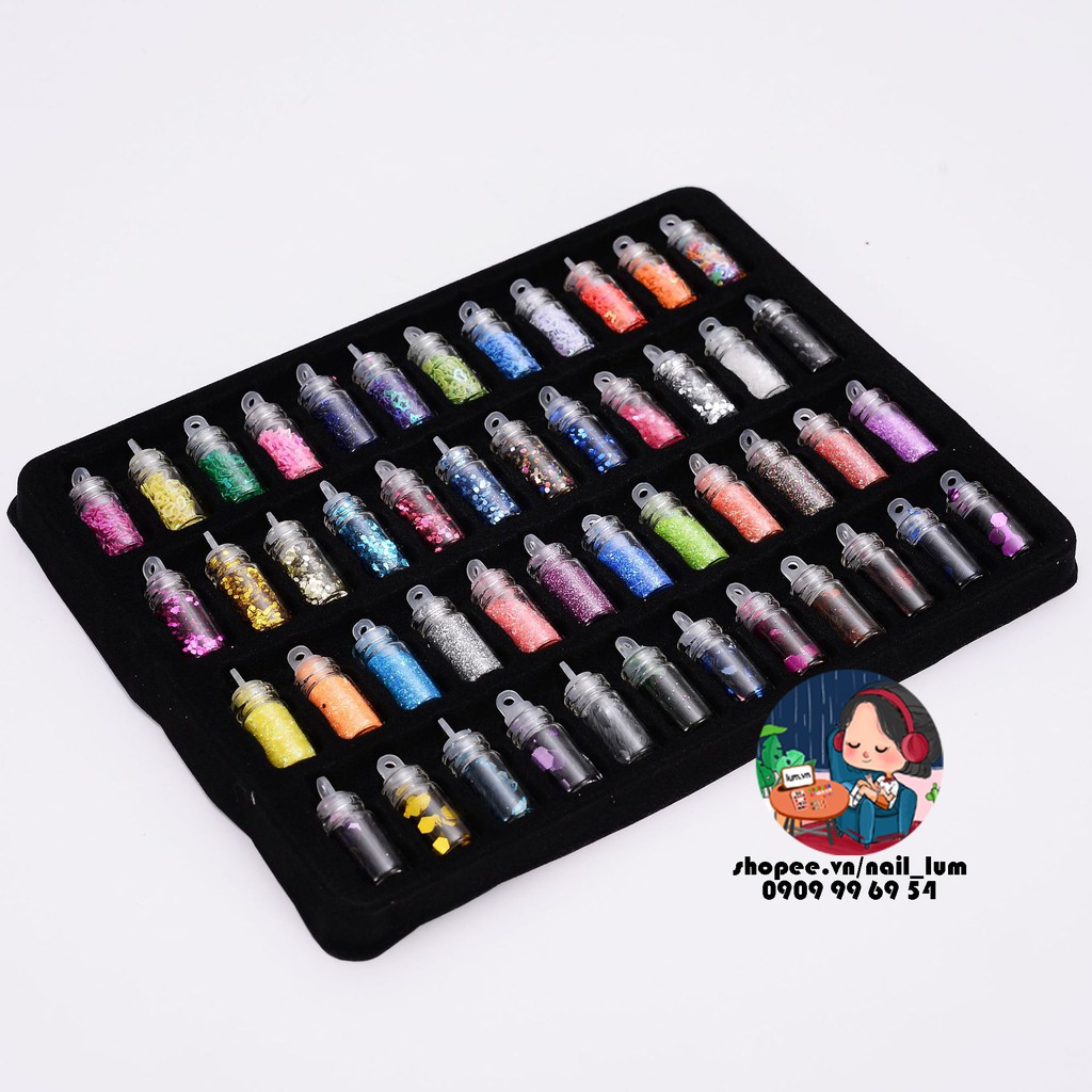 Set 48 Lọ Nhũ - Kim Tuyến - Hạt Trang Trí Móng Nail Đủ Màu