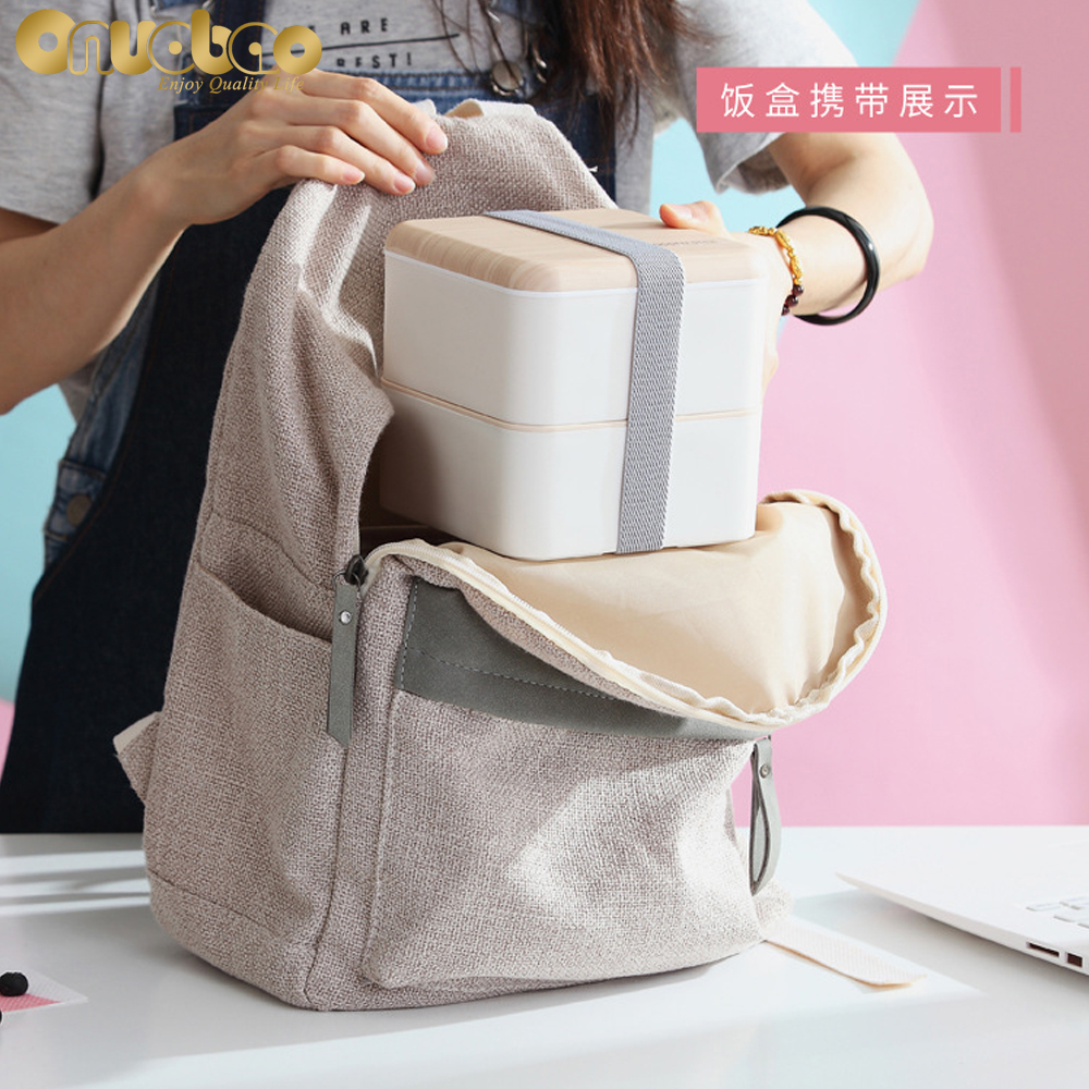 Hộp đựng cơm trưa ONUOBAO hai tầng dáng vuông chất liệu giả gỗ 1.4L sử dụng được trong lò vi sóng có muỗng đũa