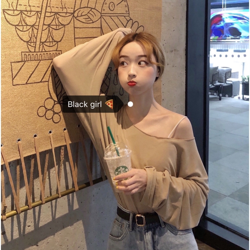 SUXI Áo thun tay dài màu trơn phong cách Hàn Quốc cho nữ