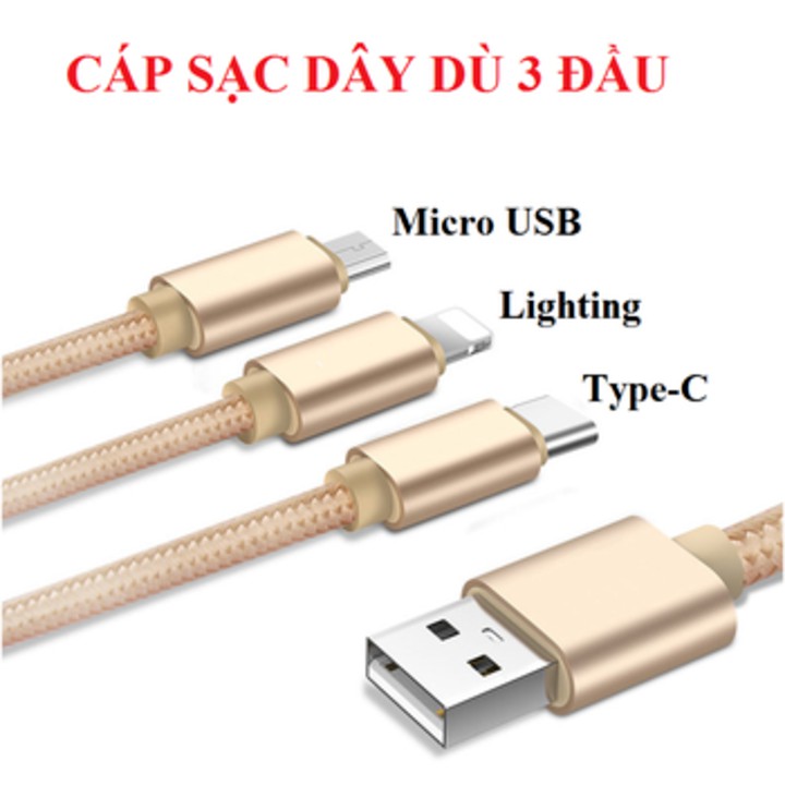 Cáp sạc dây dù đa năng 3 đầu Lightning - Type C - Micro USB mẫu  + Bảo hành 6 tháng lỗi 1 đổi 1
