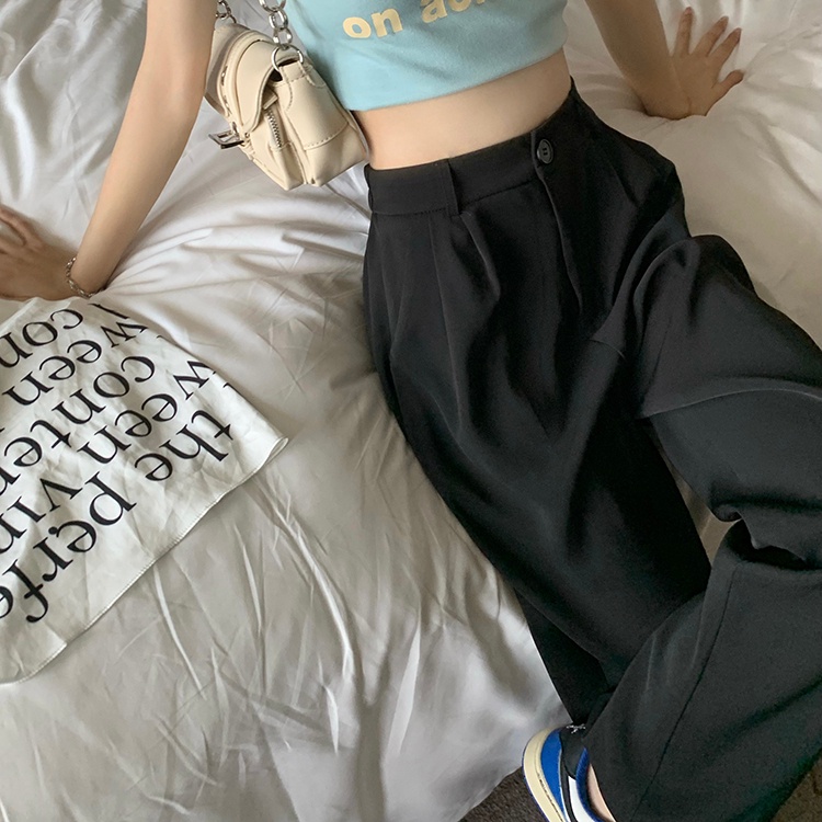 SUXI Quần ống rộng Lưng Cao Co Giãn Màu Sắc Đơn Giản Thời Trang Mùa Hè Cho Nữ