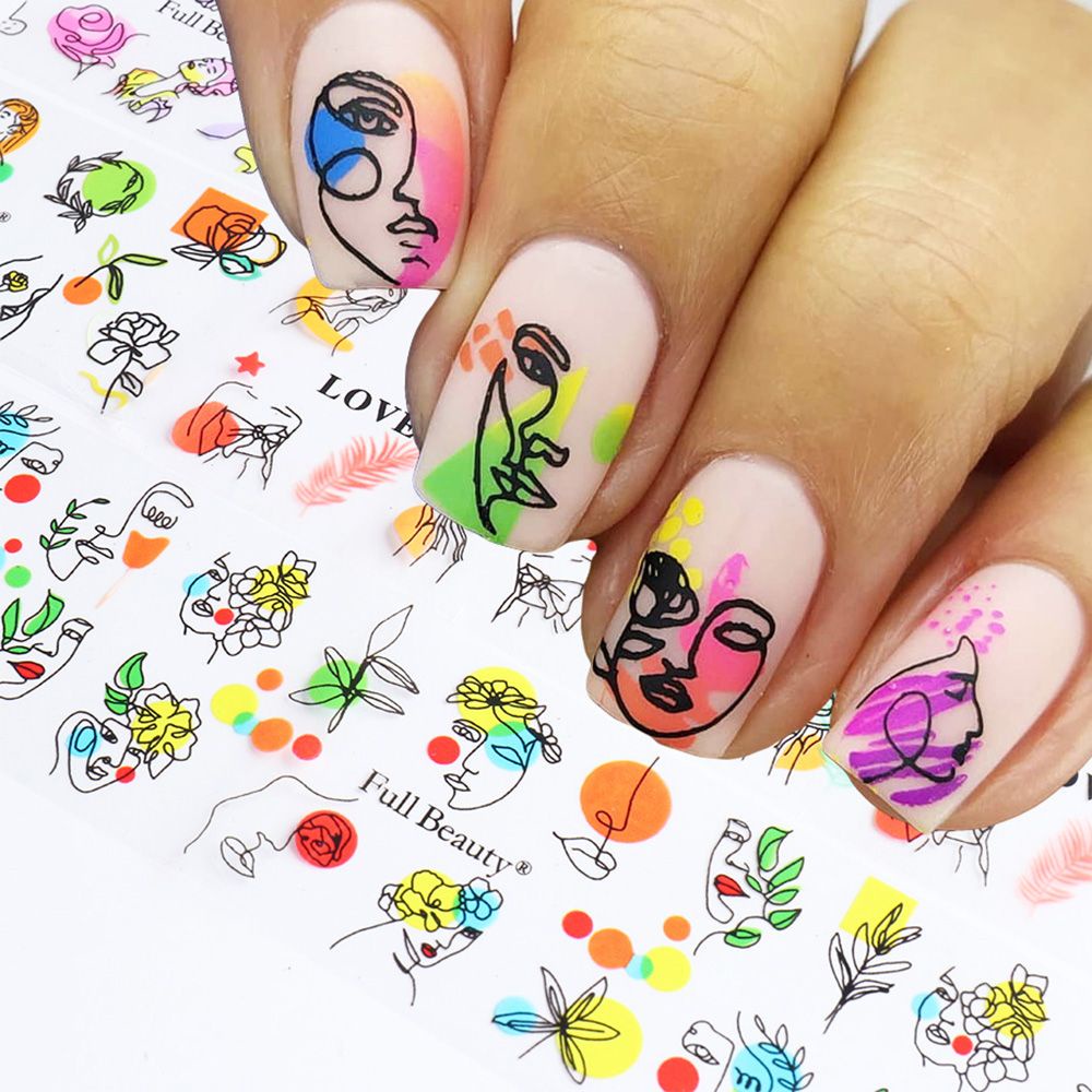 Bộ 10 Miếng Dán Trang Trí Móng Tay Nghệ Thuật Họa Tiết Đường Kẻ Trừu Tượng/ Hình Xăm DIY