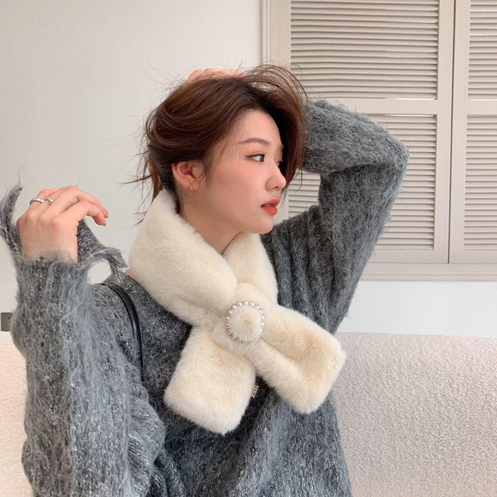 1 Khăn Choàng Lông Giả Đính Nút Ngọc Trai Thời Trang Cho Nữ