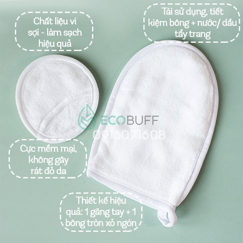 COMBO 2 Set Găng Tay và Bông tẩy trang vi sợi Ecobuff tái sử dụng - MakeUp Eraser Tẩy sạch Make up chỉ với nước thường