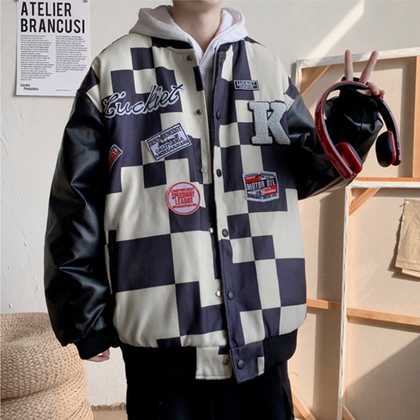 Áo Khoác bomber Một Hàng Nút Tay Dài Dáng Rộng Họa Tiết Caro Đơn Giản Thời Trang Phong Cách Hàn Quốc Cho Nam Và Nữ