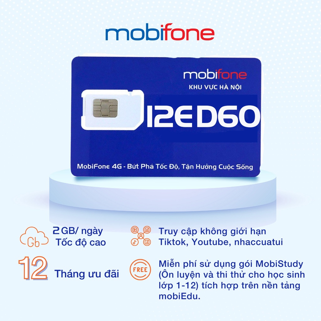 Sim 4G mobifone 12ED60 2GB/ngày, học và ôn thi thả ga với 60GB/tháng miễn phí 12 tháng sử dụng