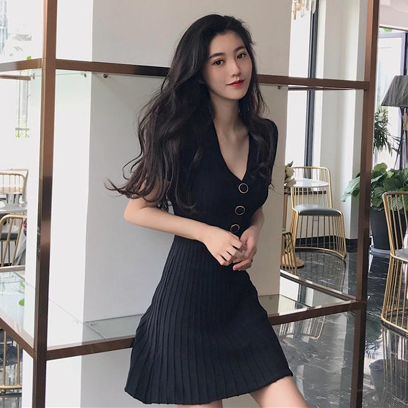 Đầm Dệt Kim Tay Ngắn Cổ Chữ V Màu Sắc Đơn Giản Phong Cách Hàn Quốc Thời Trang Cho Nữ