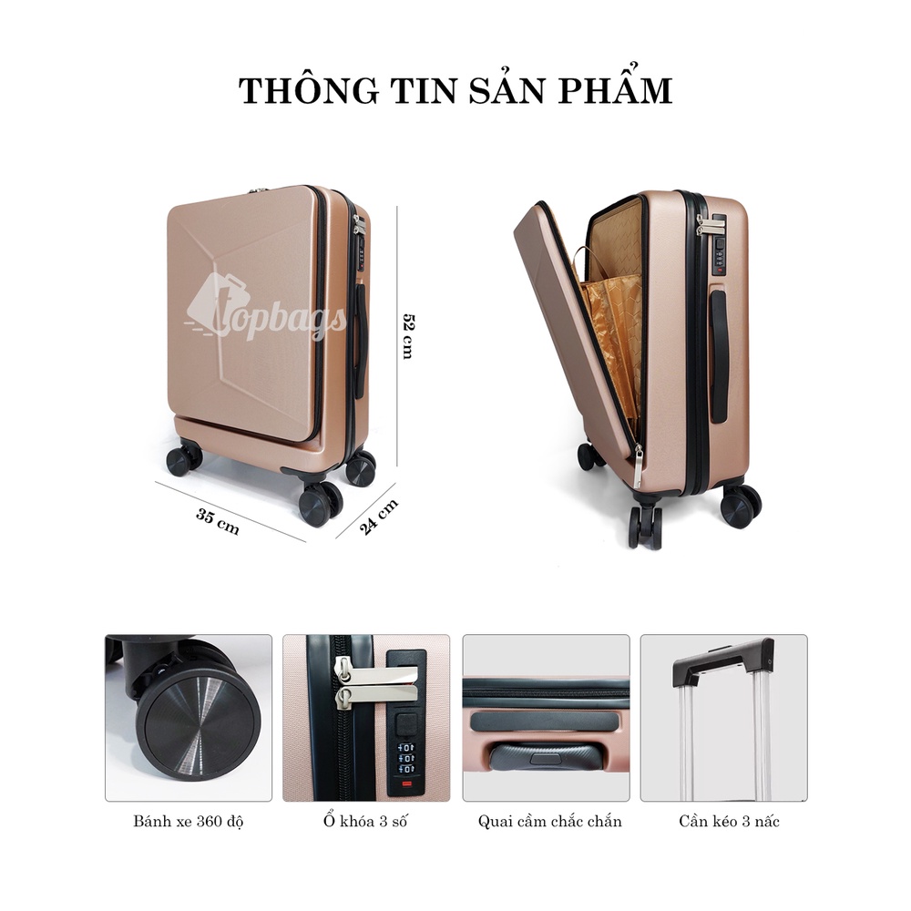 Vali kéo nhựa thời trang size 20” mở nắp phía trước VL037 màu Champagne