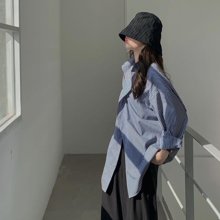 Áo sơ mi Kiểu Thiết kế nữ Form dài rộng Kẻ sọc dọc Bigsize Ulzzang Hàn Quốc Áo sơ mi nữ Thiết kế Dài tay ྇