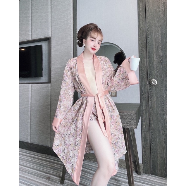 Đồ ngủ nữ sexy, váy ngủ nữ set choàng tay dài sexy gợi cảm quyến rủ chất voan bigsize dưới 65kg