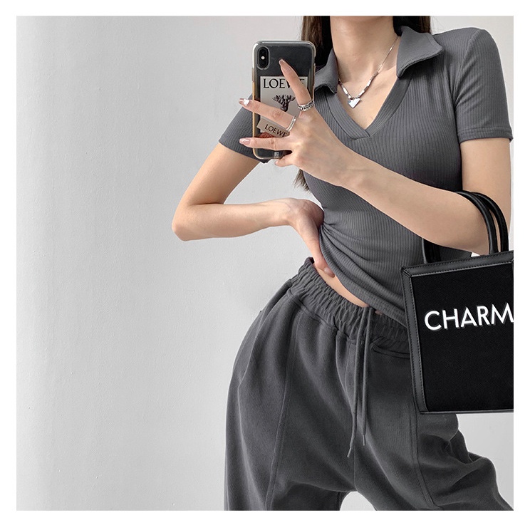 Áo thun MMIOT dệt kim tay ngắn cổ chữ V màu trơn dáng ôm thời trang mùa hè 2023 cho nữ