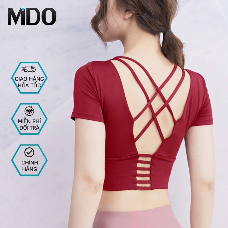 Áo tập gym nữ cao cấp Mido A30, áo croptop tập gym nữ quai chéo cực đẹp, sẵn mút nâng ngực