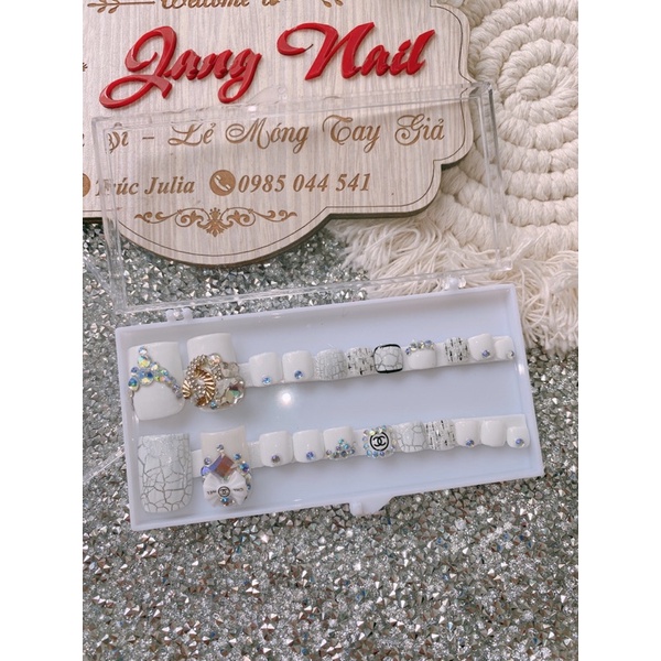 A115 bộ 24 móng chân giả màu trắng phối charm nơ cao cấp kèm keo dũa