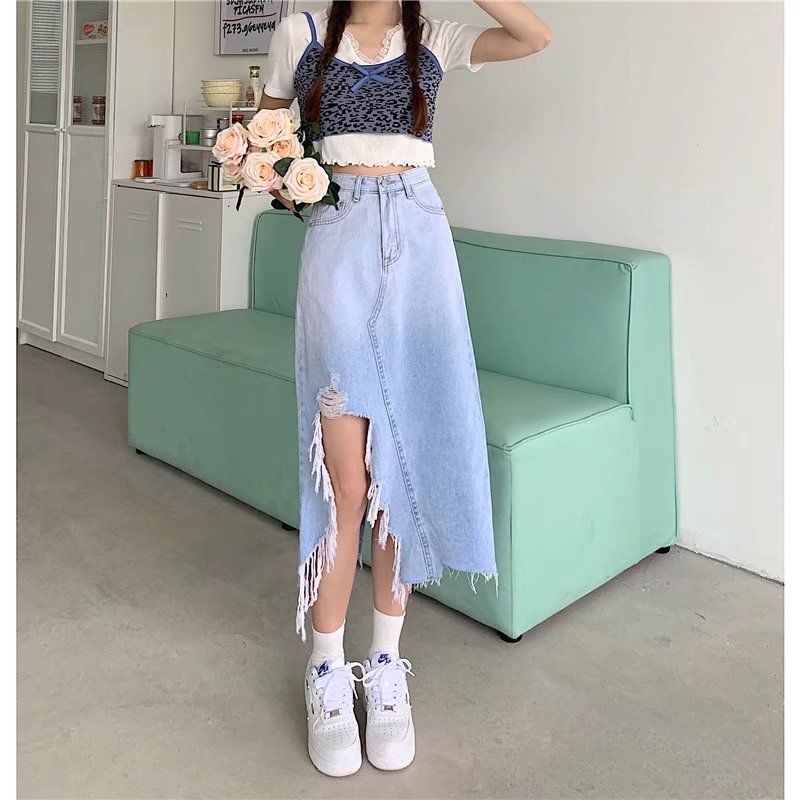 COZOK Chân váy jean Lưng Cao Màu Gradient Thiết Kế Xẻ Tà Xinh Xắn