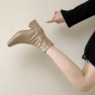 Boots nữ cổ ngắn da mềm ôm chân đế vuông cao 6cm có khoá kéo