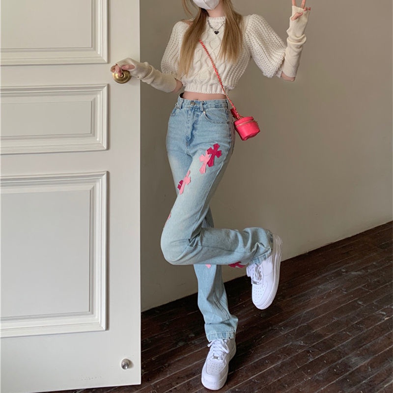 Quần jean dài ống rộng suông lưng cao phong cách xuân hè thời trang cho nữ