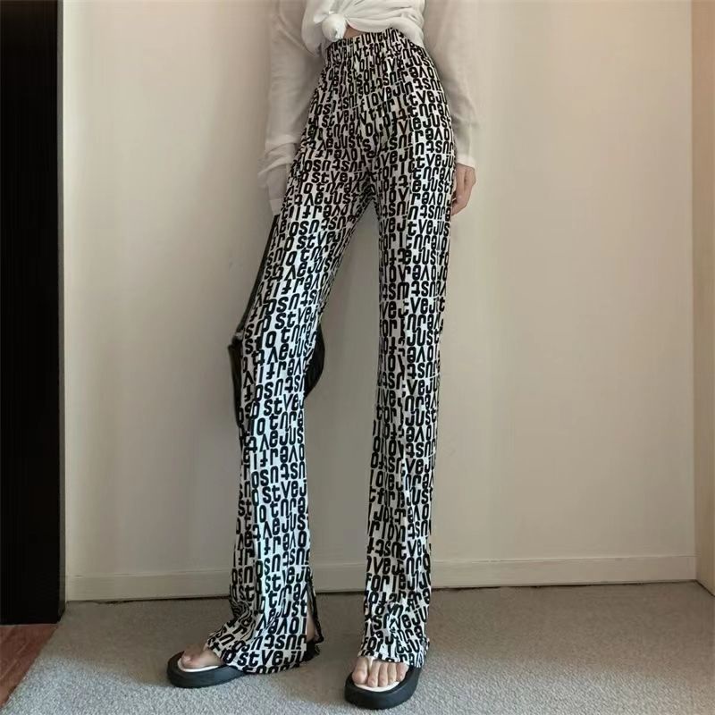 Jiashucheng Quần Ống Loe Xẻ Tà Nhẹ Nhàng Lưng Cao In Chữ Phong Cách Cổ Điển Kiểu Mới Cho Nữ