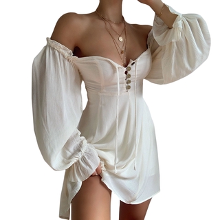 Đầm ZANZEA Mini Trễ Vai Tay Phồng Phối Nút Và Dây Rút Cho Nữ