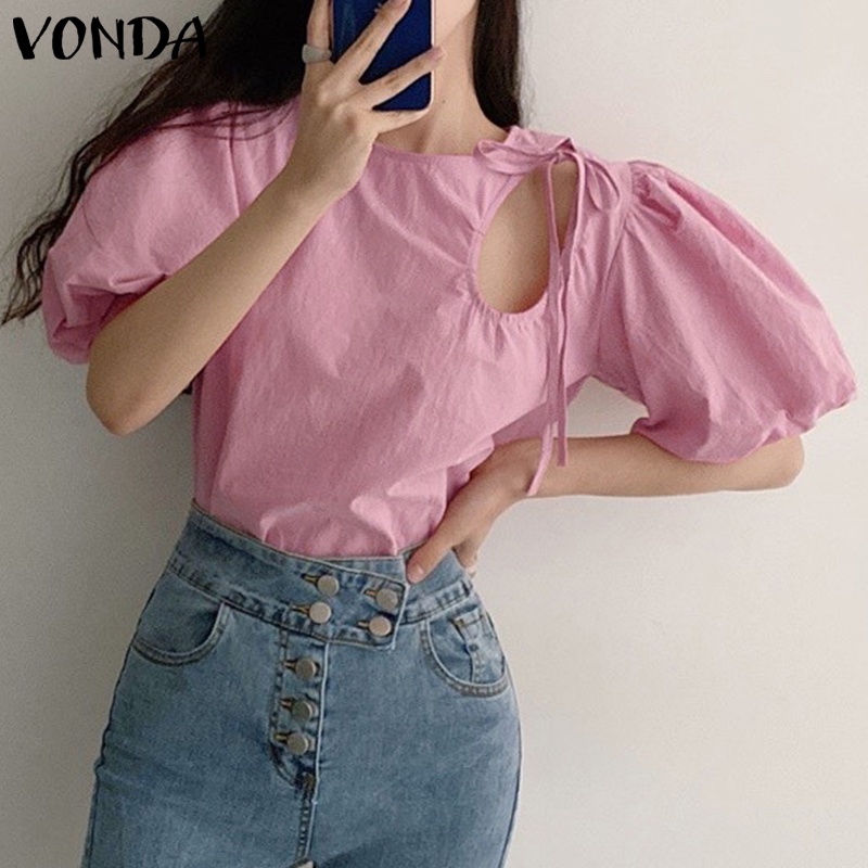 Áo Kiểu VONDA Tay Phồng Ngắn Cổ Tròn Màu Trơn Thời Trang Mùa Hè Phong Cách Hàn Quốc Cho Nữ