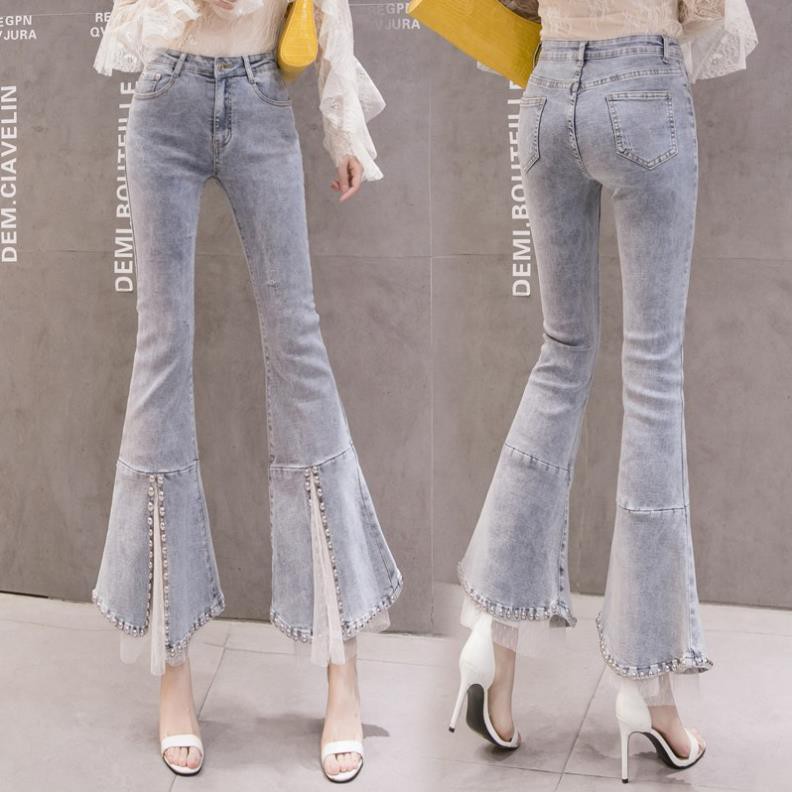 ✨Ready Stock✨Quần jean ren mùa xuân 2021 mới cạp cao lưới khâu đính cườm ống loe phụ nữ  ྇