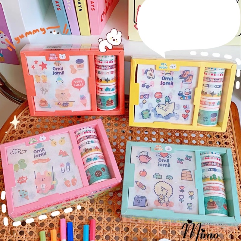 Băng dính washi tape set 7 cuộn in họa tiết xinh xắn dùng để trang trí sổ tay, dán kệ tủ decor bàn học cute