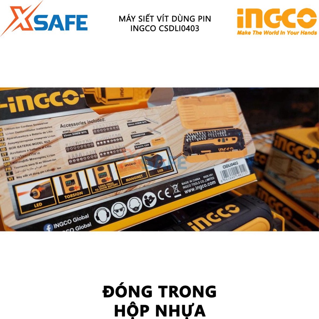 Máy bắn vít mini dùng pin 4V INGCO CSDLI0403 đầu lục giác 1/4&quot;, tốc độ 240v/p, lực mô men quay tối đa 4n.m, tích hợp đèn