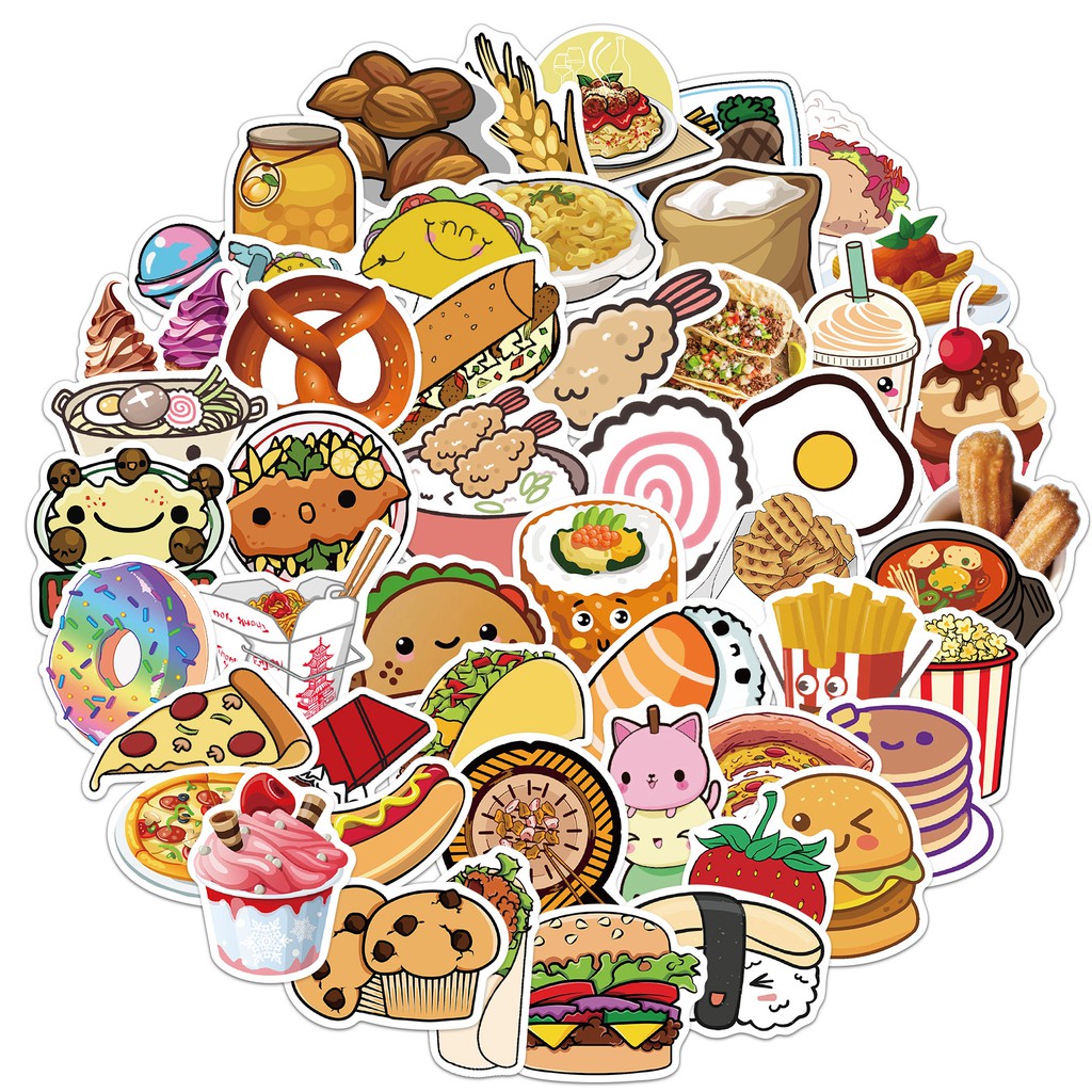 Sticker đồ ăn chống nước, hình dán mũ bảo hiểm, dán laptop, điện thoại, vali sét 50 miếng họa tiết bánh ngọt và đồ uống