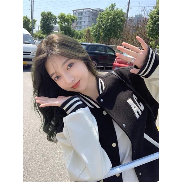 Áo Khoác bomber phối tay chữ AC .ÁO  nỉ nữ  form rộng chữ AC unisex bóng chày
