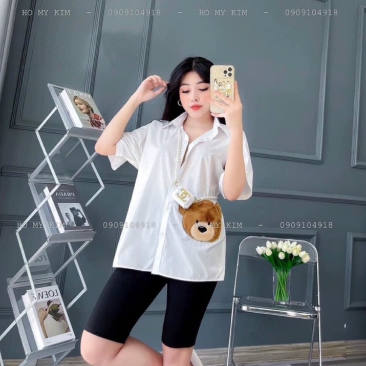 Áo sơ mi tay lỡ form rộng thêu mặt gấu lông cực xinh , chất kate lụa mềm mịn