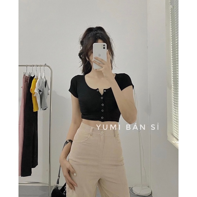 Áo Croptop Tay Ngắn Nút Bấm Chất Gân Co Giãn Ôm Body Siêu Hot 2022 ( ảnh thật ở cuối )