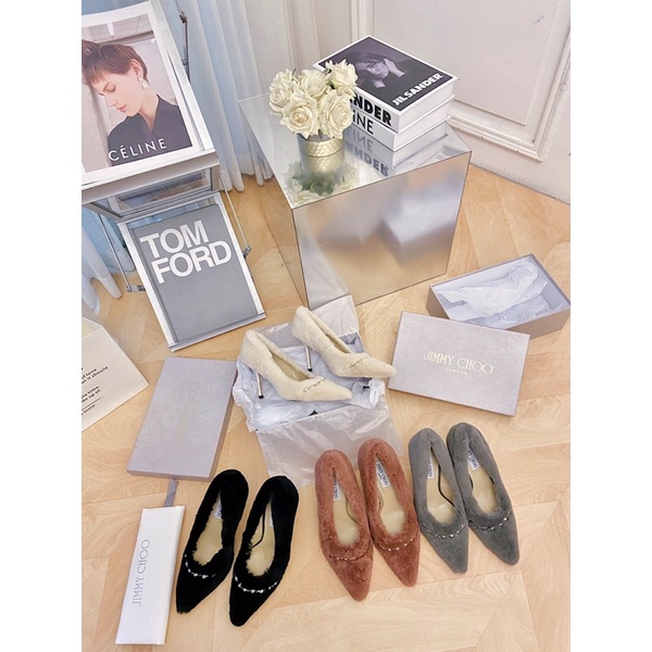 Giày cao gót mũi nhọn da thật bọc lông độc đáo thương hiệu thời trang cao cấp Jimmy Choo