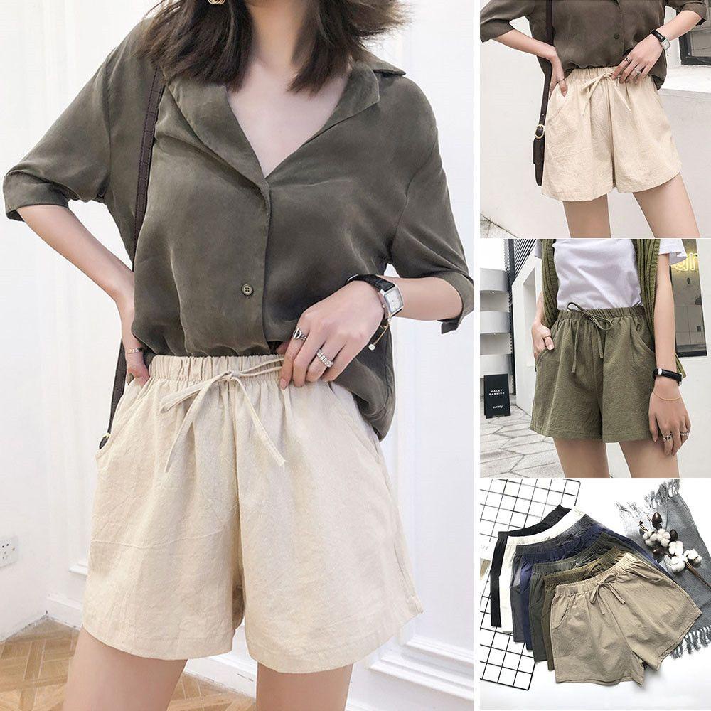 Quần Short Vải Lanh Cotton Màu Sắc Đơn Giản Cho Nữ