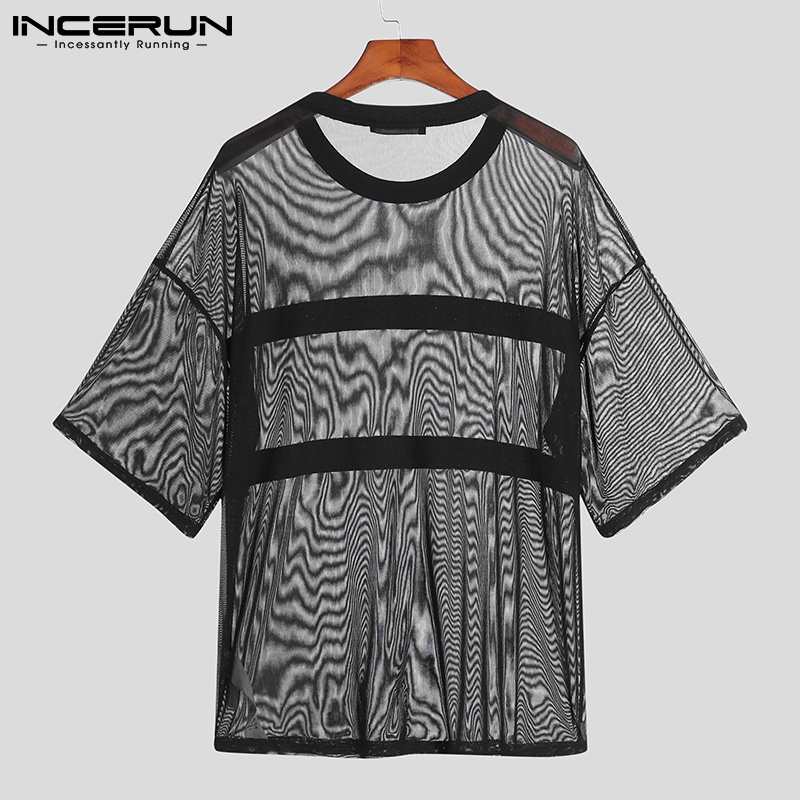 Áo thun INCERUN ngắn tay dáng rộng phối lưới xuyên thấu đính ngọc trai nhân tạo dễ thương cho nam