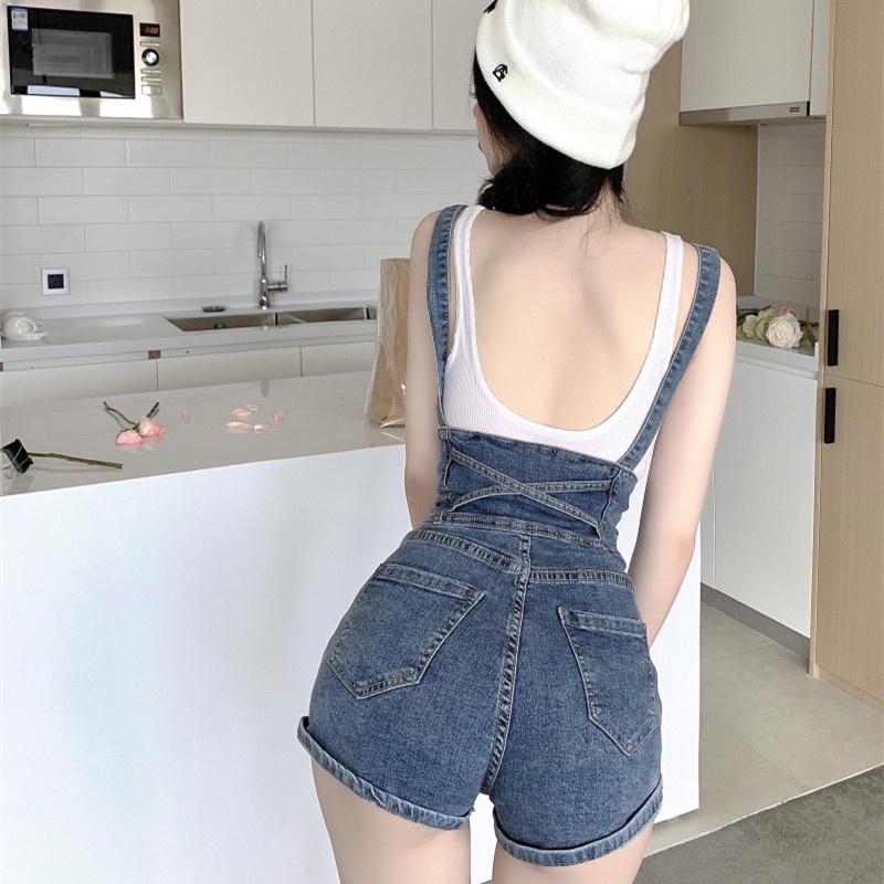Áo liền quần denim lưng cao thiết kế đơn giản hợp thời trang