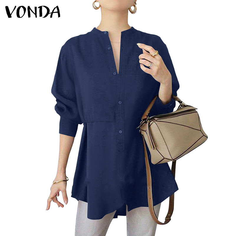 Áo Kiểu VONDA Màu Trơn Cài Nút Tay Dài Phong Cách Hàn Quốc Cho Nữ