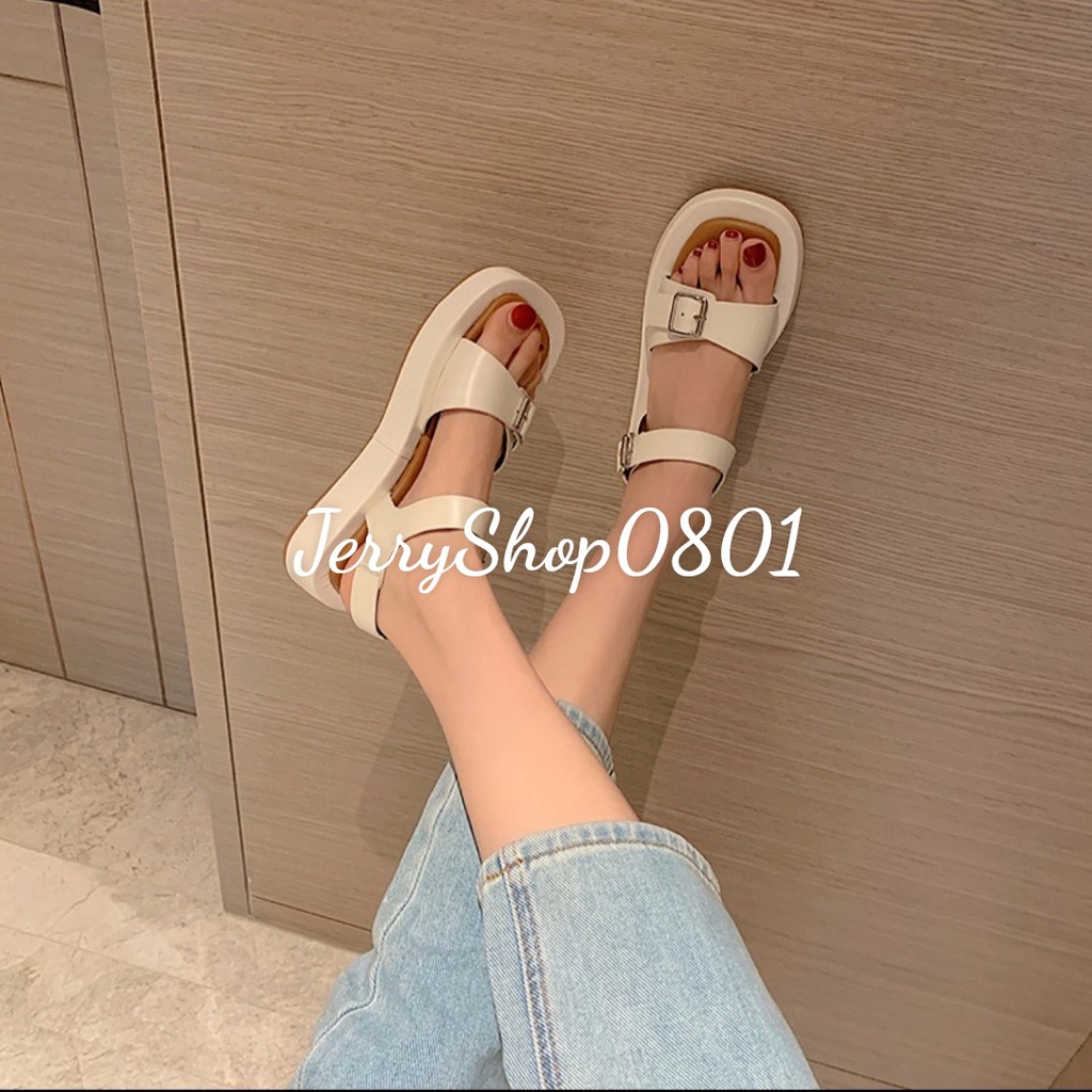 Sandal nữ đế BÁNH MÌ CAO 2P 2 KHÓA  ĐẾ NÂU mẫu mới đen trắng