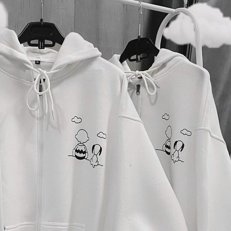 Áo Khoác Hoodie Form Rộng Nam Nữ Chất Nỉ Thun Dây Kéo Snoopy Phong Cách Thời Trang