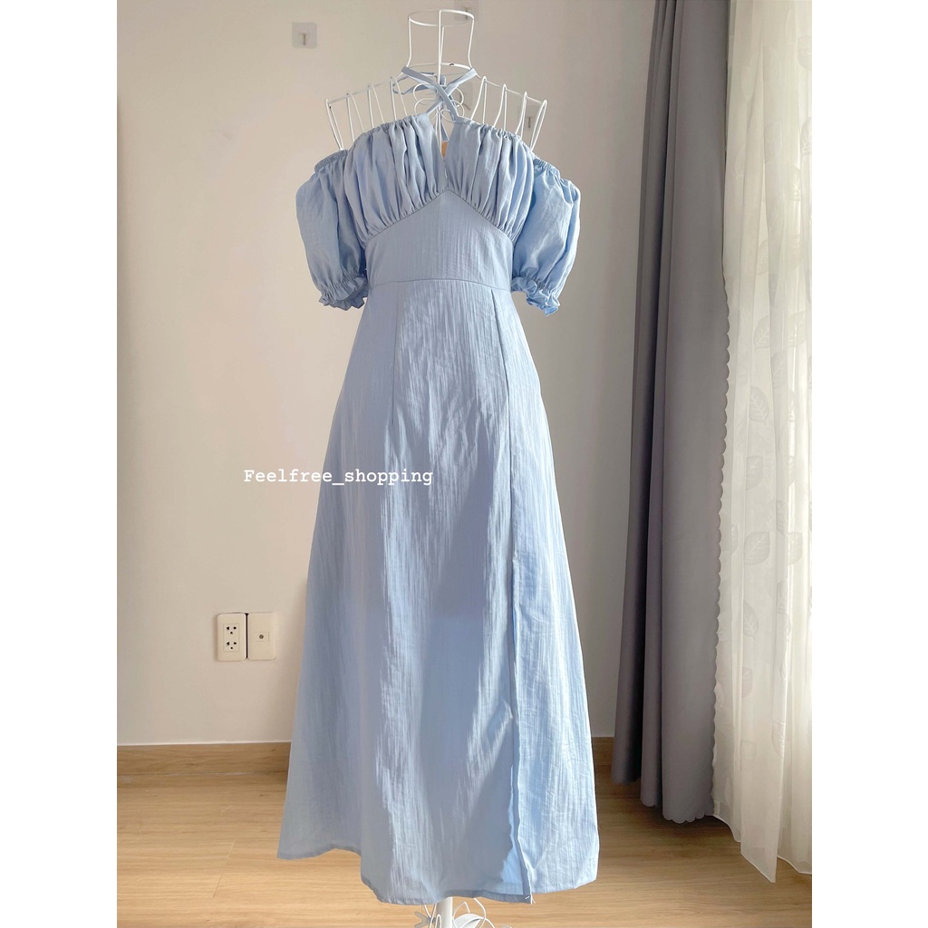 (Ảnh thật) Đầm Xanh Cổ Vuông Cúp Ngực Trễ Vai Eo Lưng 2 Lớp Mặc Đi Tiệc, Đi Chơi, Kỷ Yếu D007